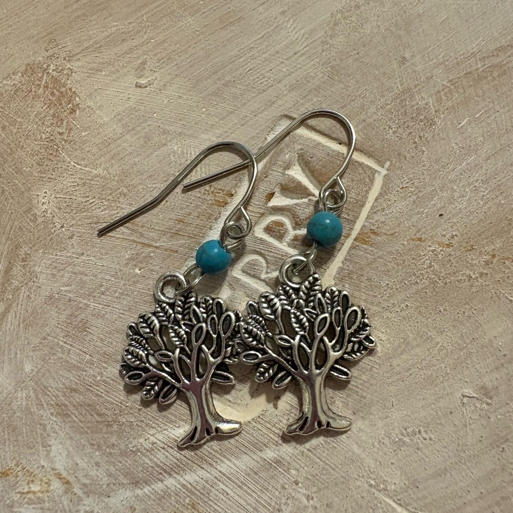 Silver Tree of Life Earrings with Turquoise Beads